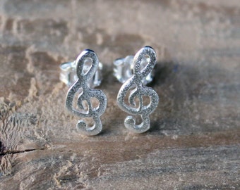 Silver Stud Treble Key Earrings-Sterling Silver Treble Clef Earrings-Music Jewelry-Earstuds-Gift Idea-Musik Ohrringe-Schmuck-Argent-Plata