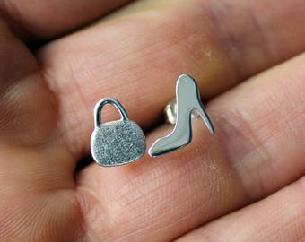 Silver Studs-Shoe Earrings-Bag Earrings-Sterling Silver Earrings-Shoe Jewelry-Gift Idea-Schuh Ohrringe-Tasche Ohrstecker-Plata-Argent