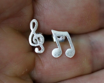 Silver Stud Music Note Earrings-Sterling Silver Treble Clef Earrings-Music Jewelry-Earstuds-Gift Idea-Musik Ohrringe-Schmuck-Argent-Plata