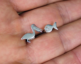 Silver Studs-Silver Pelican Earrings-Bird Studs-Birds Jewelry-Silver Animal Jewelry-Earstuds-Pelikan Ohrringe Silber Schmuck-Argent-Plata