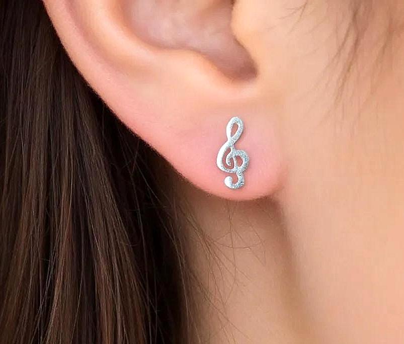 Orecchini A Bottone Con Chiave Di Violino – Argento Sterling 925 Con Zirconi – Gioielli Eleganti Per Donne Amanti Della Musica