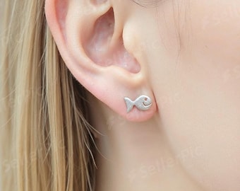 Sterling silver fish stud earrings, handcrafted simple everyday earrings for girls, handmade, animal stud earrings