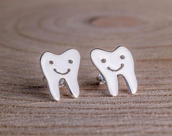 Teeth stud earrings  in sterling silver, eccentric everyday earrings for girls and dentists, handmade
