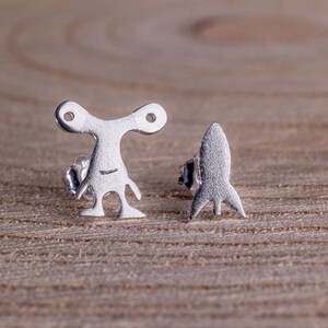Alien stud earrings in sterling silver, mismatched handcrafted everyday earrings for girls