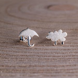 Sterling Silver Cloud Stud Earrings-Sterling Silver Umbrella Stud Earrings-Gift Idea-Rain Charm Studs-Rain Jewelry-Cloud and Umbrella