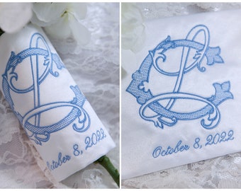 Bridal Bouquet Wrap Monogrammed, Customized, Bridal, Wedding, Satin or Linen, 2 Letter Vintage Style