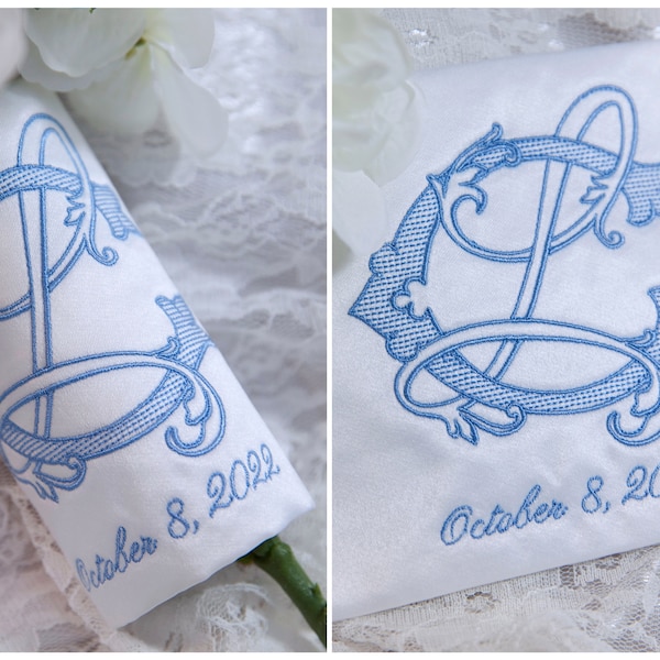 Bridal Bouquet Wrap Monogrammed, Customized, Bridal, Wedding, Satin or Linen, 2 Letter Vintage Style