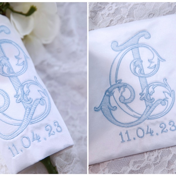 Bridal Accessories Bundle - Monogrammed Bouquet Wrap, Ring Bearer Pillow, Dress Label