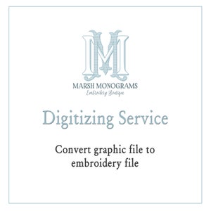 May include: A blue and white monogram logo with the letters "MM" and the text "Marsh Monograms Embroidery Boutique" below. The text "Digitizing Service" is in a larger font below the logo. The text "Convert graphic file to embroidery file" is below the text "Digitizing Service".