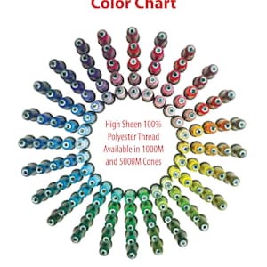 May include: A color chart of Floriani Deluxe Thread, a high sheen 100% polyester thread available in 1000m and 5000m cones. The chart features a rainbow of colors arranged in a circle.