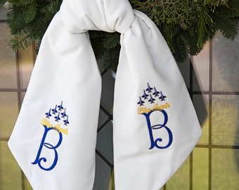 Wreath Sash Monogrammed, Customized, Door Decor for Seasonal or Year Round, Weather Resistant Fabric