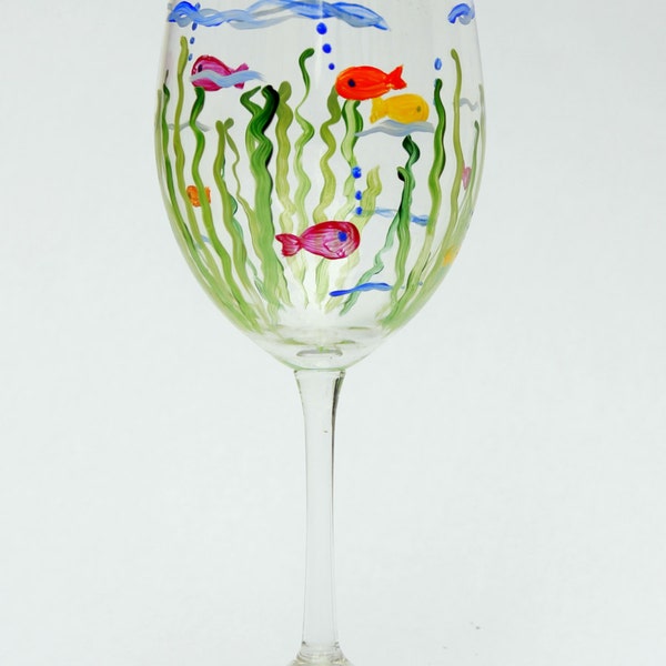 Wine Glass, Coastal Hand Painted, Fish