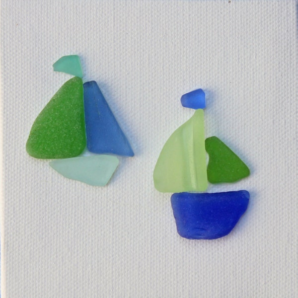 Seaglass Art on Canvas, Sailboats, Blues and Greens
