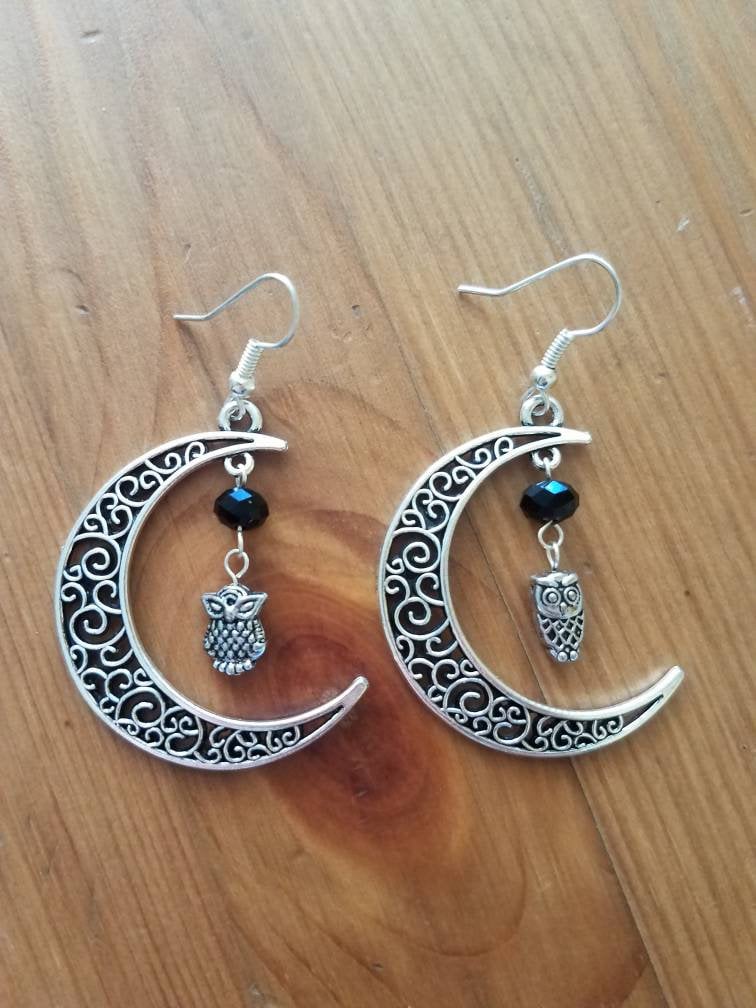 Crescent moon earrings, owl earrings, Athena earrings, Blodeuwedd earrings