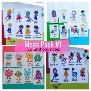 May include: A set of 32 printable lunchbox notes featuring colorful illustrations of superheroes and monsters. The notes include encouraging messages like "You've got this", "You're my favorite superhero", and "I love your face".