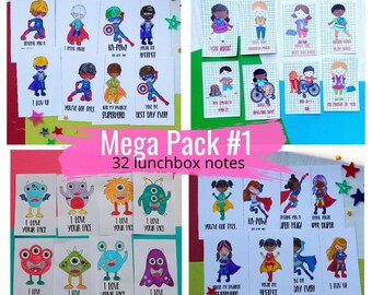 Printable Lunch Box Notes- 32 Lunchbox Notes Mega Pack #1, Class Valentines,  Kids Love Notes, Funny Kids Encouragement Cards