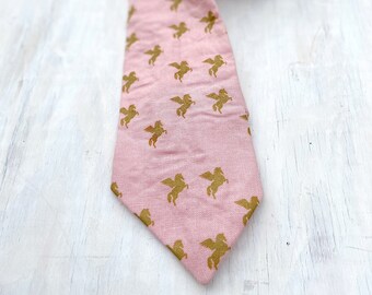 Kentucky Derby Necktie- Pink and Gold Pegasus Necktie, KY Derby Party Necktie and  Matching Pocket Square, KY Derby Pegasus Necktie