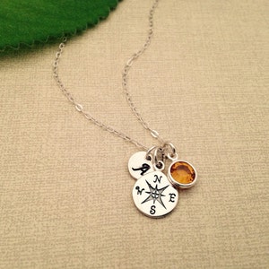 Sterling Silver compass Necklace, Graduation gift, Initialed sterling disc Neckalce, Compass, Nautical Charm