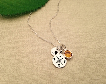 Sterling Silver Compass Necklace: Initialed Disc & Birthstone Charm