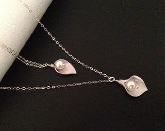 Mutter Tochter Calla Lilie Halsketten-Set: Silber & Perle