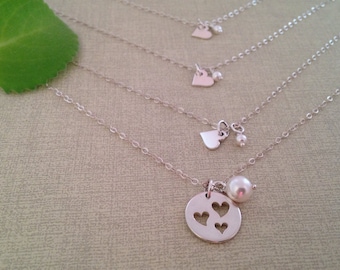 Mother-Daughter necklace set, Three cut-out hearts pendant,tiny heart charm necklaces,sisters jewelry,mother daughter jewelry, heart pendant