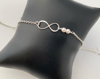 Sterling Silver Infinity Bracelet, Bridesmaid gift, figure eight bracelet, infinity jewelry, friendship bracelet, pearl bracelet