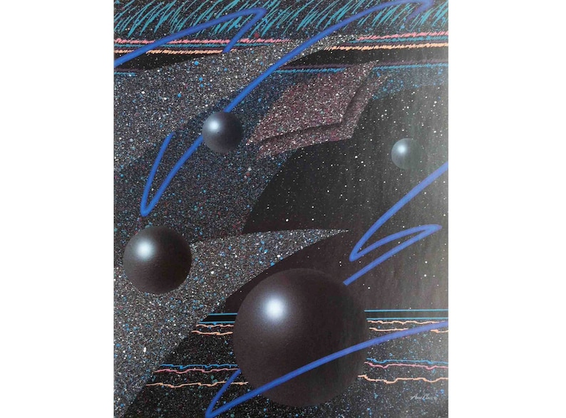 16x20 22x28 Vintage Funky 80s Abstract Poster Dark Space Spheres 2 Sizes