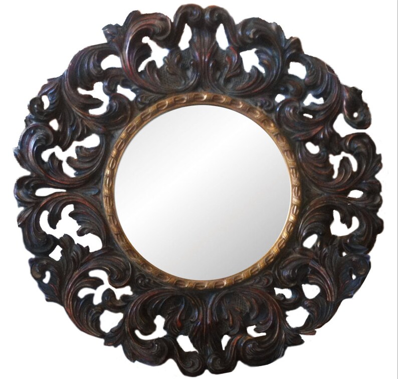 Antique Espresso Carved Flares Framed Round Mirror 41