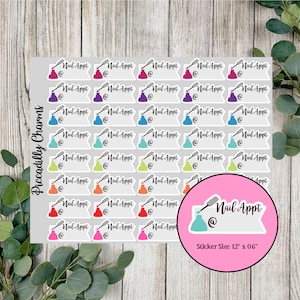 May include: A sheet of 36 colorful nail appointment stickers with a single larger sticker featuring a nail polish bottle and the text "Nail Appt @" with the text "Sticker Size: 12" x 0.6" below.