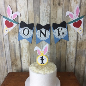 Alice in Wonderland inspired "one" banner and cake topper High chair, smash cake, first birthday, Alice in Onederland party, One, I am 1