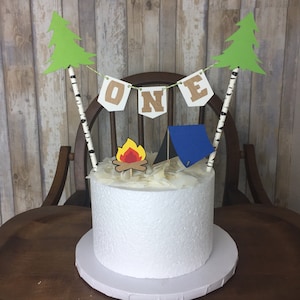 Tent & Campfire Cake Topper w/ birch tree straws. Choose the color of your tent, flag pennants and phrase! Cake decor for a camping party!