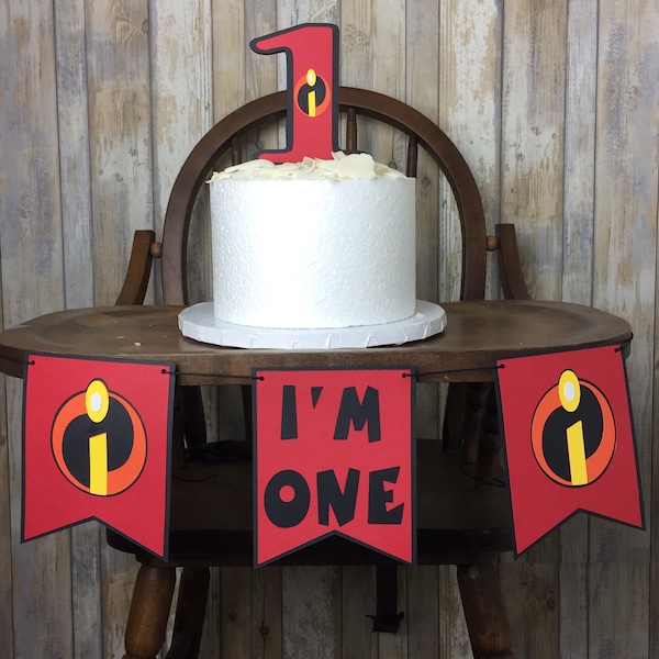 The Incredibles inspired "I'm one" banner and cake topper High chair, smash cake, I'm One, I am 1. Are you ready for "one Incredible" party?