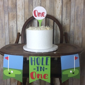 Hole in One Birthday Banner & Cake Topper – Golf Themed First Birthday Party Decor, 20 Accent Colors Available