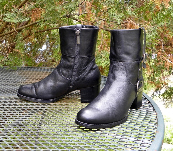 Vintage HARLEY-DAVIDSON Black Leather Moto Boots-… - image 1