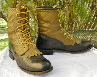 Vintage USA CAPEZIO distressed Leather Paddock Western Boots Lace up Ropers Jodhpur Kilties Womens sz 9-9.5M