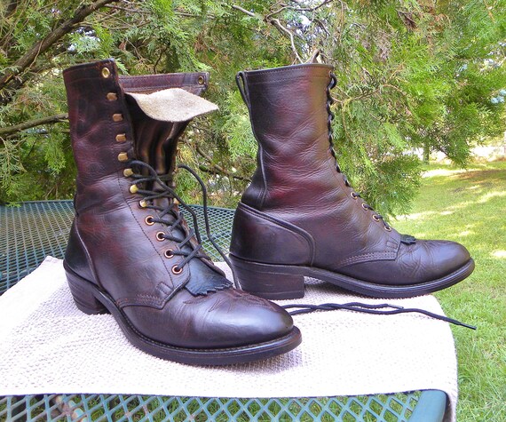 Vintage USA Double H Leather PACKER Western Boots Lace up 9.5 Kiltie Roper Toe Men 9.5 D Etsy
