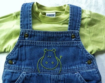 90s Baby B’gosh 2PC denim overall Set-HIPPO "Jungle Babies" shortall 3mo Vintage