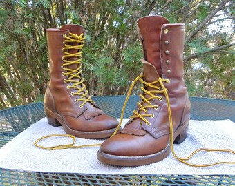 Vintage USA PD TUFF Leather Packer Western Boots Brown Lace Up Kiltie Women 9.5W