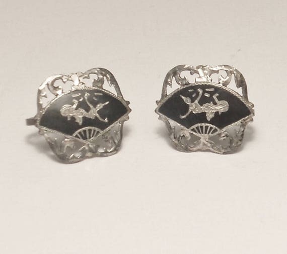 Vintage 30s STERLING Silver SIAM FAN Earrings Nie… - image 1