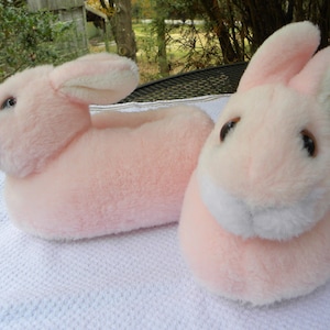 Vintage plush Pink FUR Bunny Rabbit Indoor Slippers - SOFT no slip bottoms