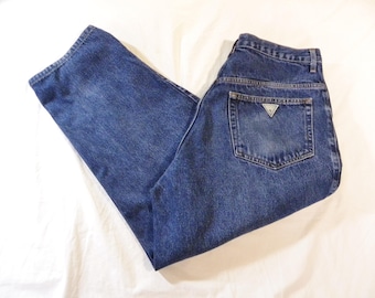 Vintage 80's Iconic GUESS USA Blue Denim JEANS 5 Pocket Cropped 100% Cotton Denim Pants Size 34