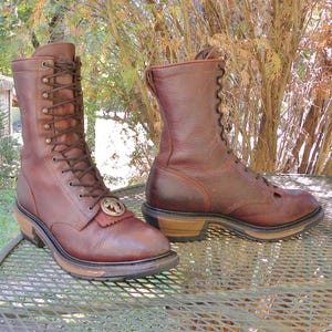 Vintage Rocky Leather PACKER Boots—Mahogany Brown Lace Up Ride work boots Kilties- Cowboy Cross Conchos Mens 12M -READ