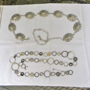 Vintage Qty 2 Concho CHAIN Metal Western Belts-- 1 silver Conchos -1 Rings-- Lobster Clasps