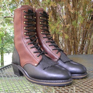 Vintage RHINO Leather Packer BOOTS 2 Tone Lace up Western  display picture 1