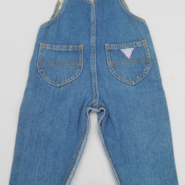 Vintage Iconic GUESS USA Blue Denim Jean Overalls-Bib pants Buckled w/Guess ? LOGO Rivet Buttons-Snap Crotch-Unisex Baby 18mos