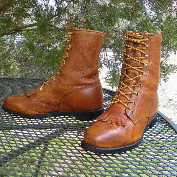 Vintage JUSTIN 9" Leather Paddock WORK Boots--Lace Up western Roper Kiltie Cowboy Mens 9.5D