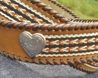 Vintage WRANGLER Leather Ranger BELT-Brown western whip-Stitched Concho 2Pc Silver Buckle Holes start at 34&quot;