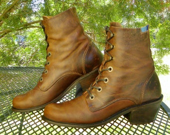 John Fluevog Distressed ALL Leather Lace Up Boots-Brown Western Ropers CHUNKY heels WOMENS 9.5