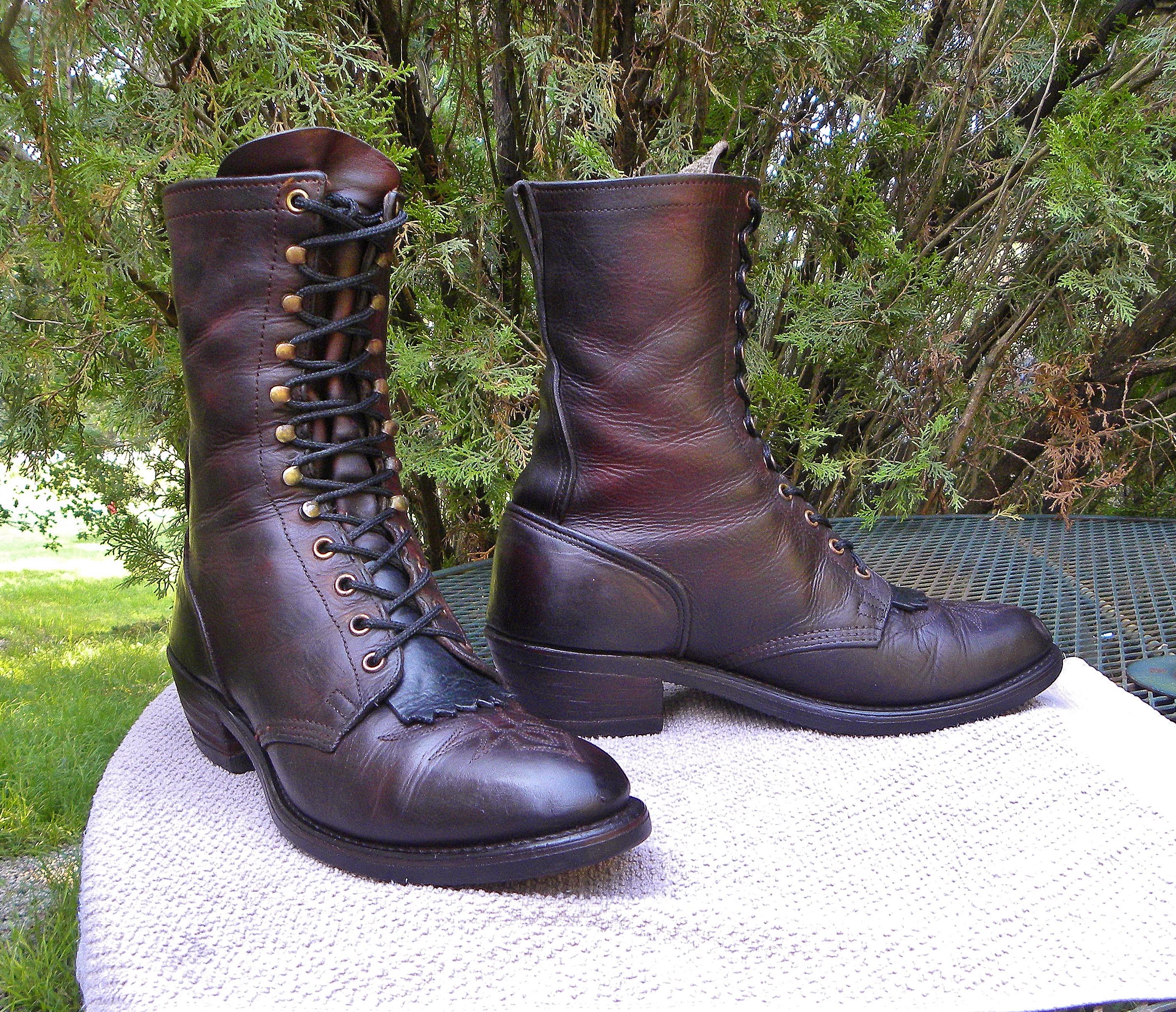 Vintage USA Double H Leather PACKER Western Boots Lace up  display picture 1