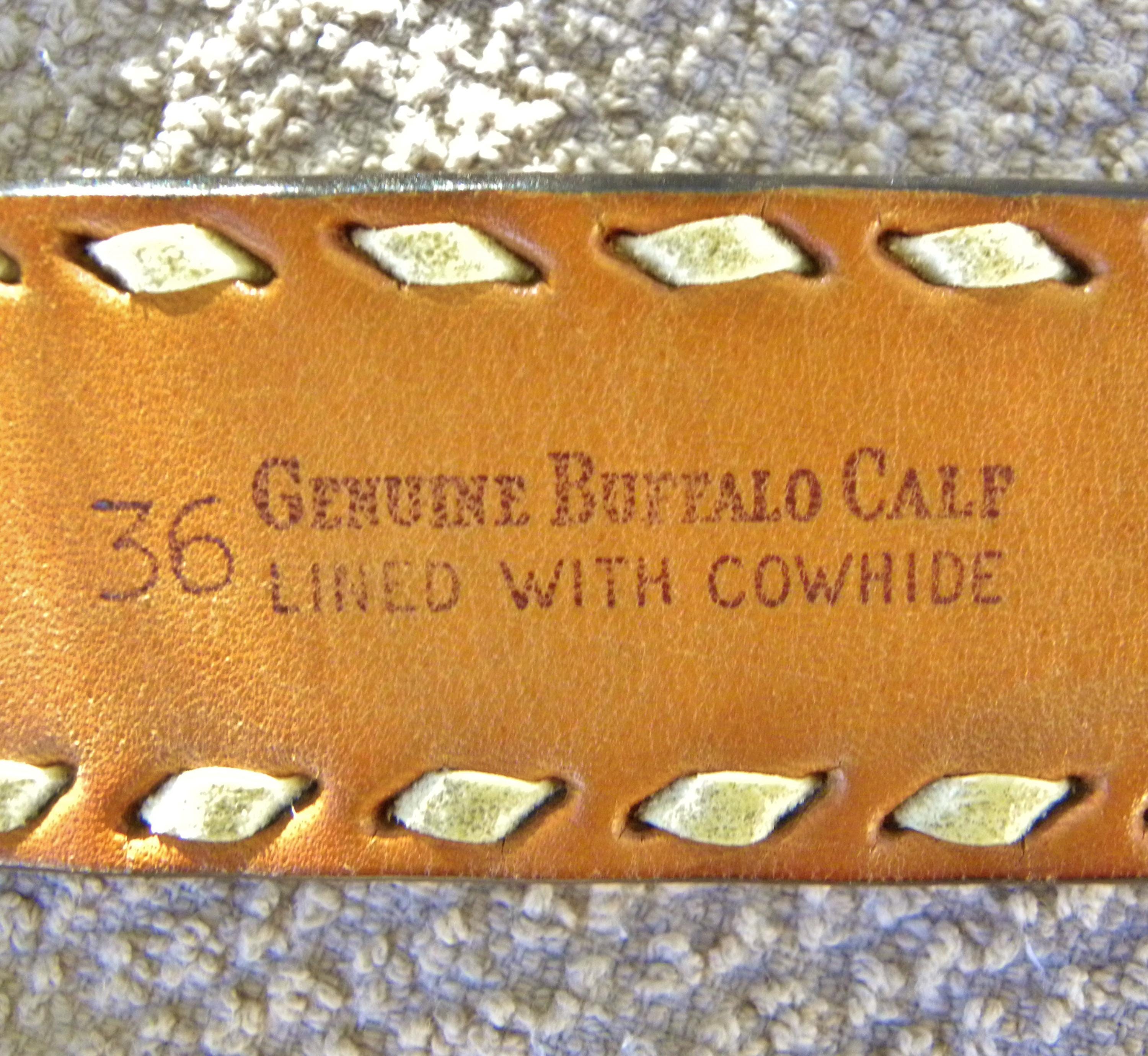 Vintage 60S USA Buffalo calf hide Leather western Belt --Brown w/BUCK stitched Edges-Silver ARIAT Collector Buckle 1.5" wide Size 36